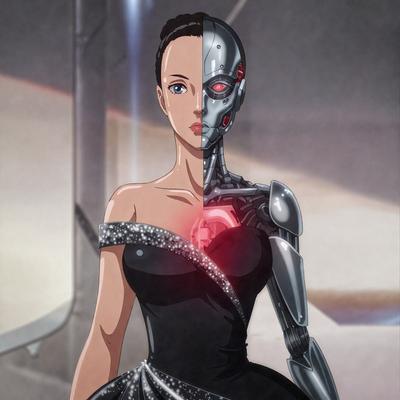 The primary subject of the image is a woman dressed in a black dress, with a red heart in the center of her chest. She is standing next to a robot, which is the setting/background of the scene. The visual style of the image is digital art, and the colors and mood are predominantly dark and dramatic.